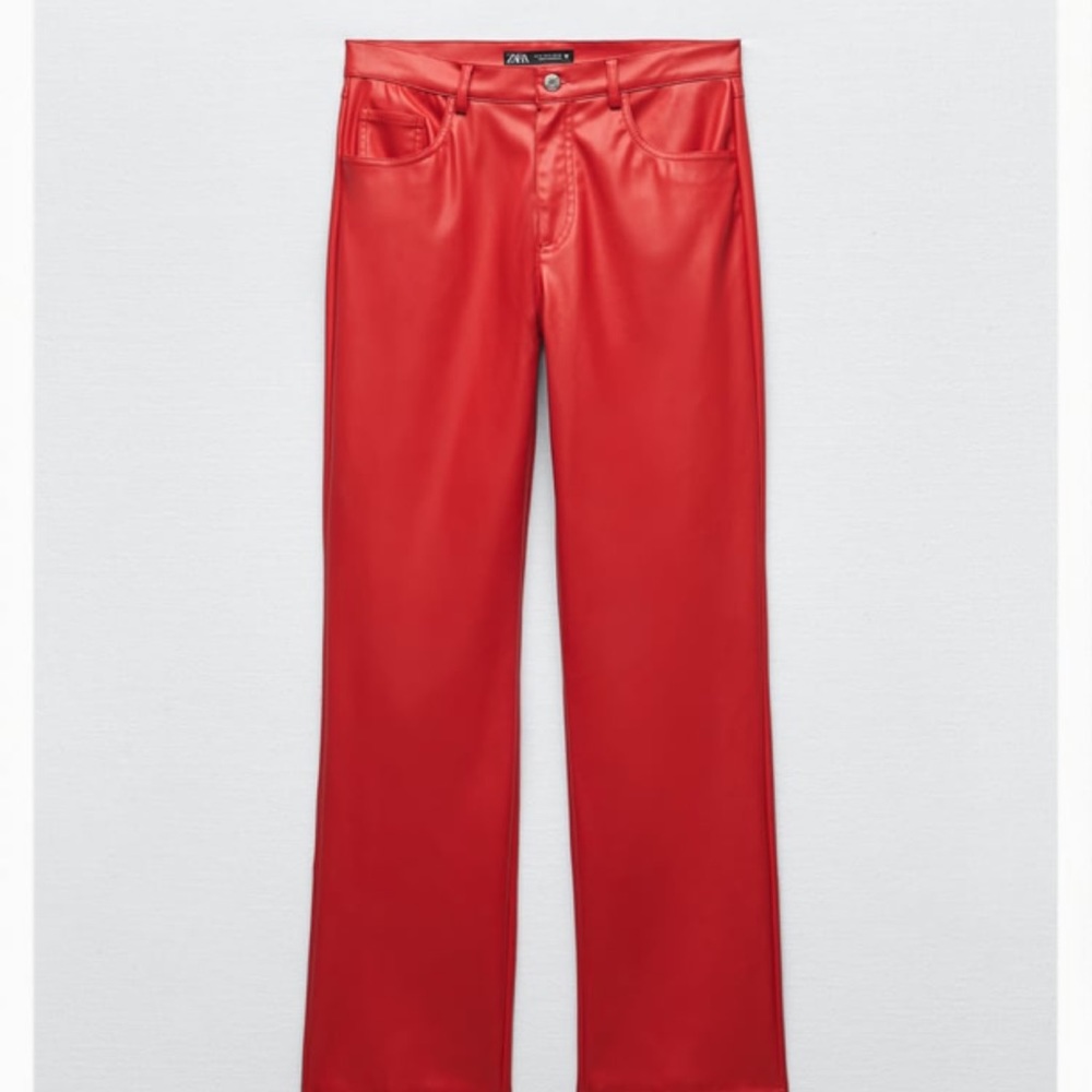 Zara Red Faux Leather Straight-Leg Pants